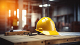 Yellow hard hat and blueprint on wooden table in construction site background .