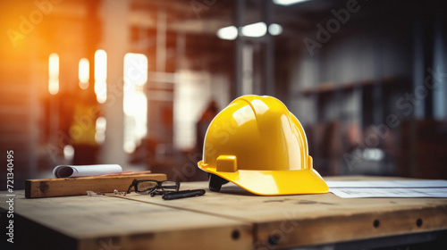 Yellow hard hat and blueprint on wooden table in construction site background .