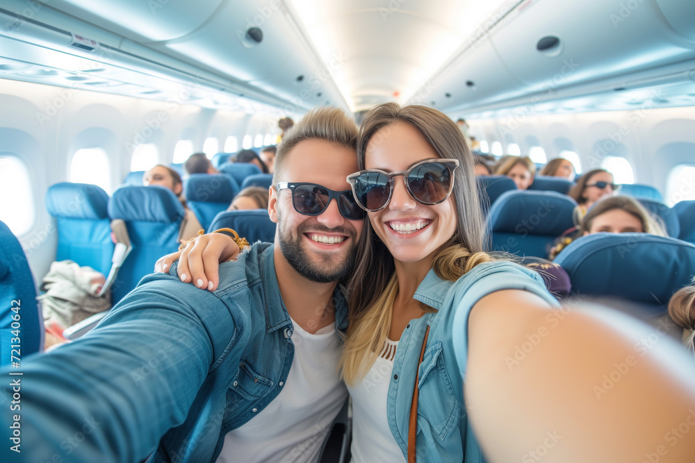 A cheerful couple wearing sunglasses is taking a selfie aboard an airplane, capturing a joyful moment of their travel together. A cheerful couple wearing sunglasses is taking a selfie aboard an airplane, capturing a joyful moment of their travel together.