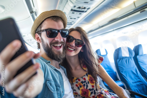 A cheerful couple wearing sunglasses is taking a selfie aboard an airplane, capturing a joyful moment of their travel together.
