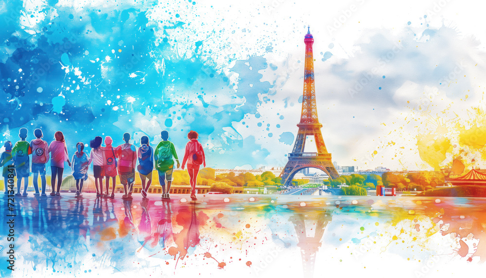 Festive watercolor drawing greeting card, invitation in Paris Festive watercolor drawing greeting card, invitation in Paris