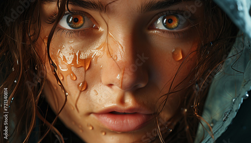Beautiful young woman with wet hair looking at camera outdoors generated by AI