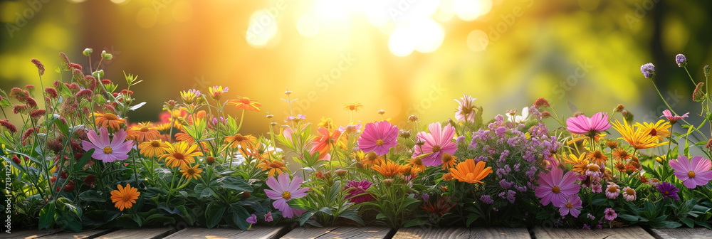 Potted vibrant flowers bask in the golden hour sunlight, ready for garden planting - obrazy, fototapety, plakaty 
