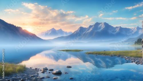 Landscape view of mountains and lakes with the nuance of the weather in the morning, and thin mist covers the mountains