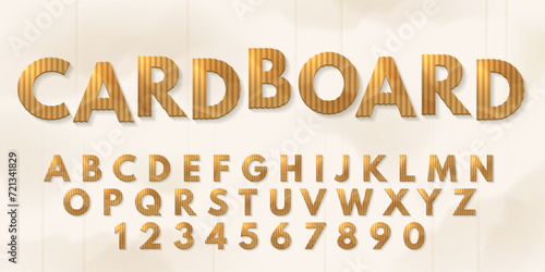 Cardboard font. Packaging paper material cutout letters and numbers, carton alphabet for eco-friendly recyclable typography design vector set