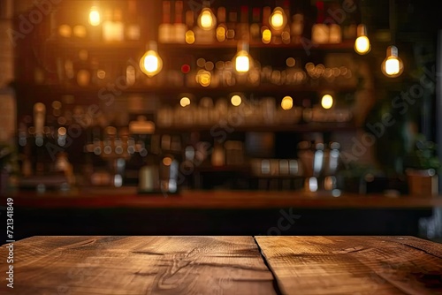 Vintage ambiance in cozy pub wooden table set blurred lights. Elegant bar scene glasses clink and laughter fills night. Heart of city quaint cafe haven for food drink and life celebrations