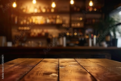 Vintage ambiance in cozy pub wooden table set blurred lights. Elegant bar scene glasses clink and laughter fills night. Heart of city quaint cafe haven for food drink and life celebrations