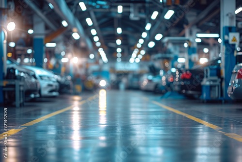 Obscured picture of vehicle examination facility with contemporary equipment.