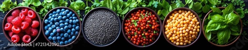 Bowls of various legumes and fresh herbs arranged on a dark textured surface, highlighting healthy ingredients.