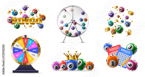 Lotteries game. Fortune wheel, bingo tickets and lottery balls in spinning dispenser. Lucky numbers combination isolated 3D vector illustration set photo