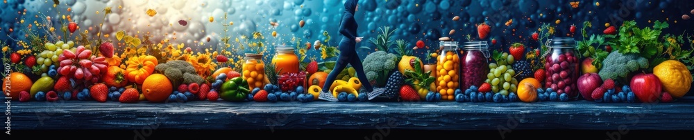 Colorful array of fresh fruits and vegetables viewed from above, showcasing variety and healthful choices. Colorful array of fresh fruits and vegetables viewed from above, showcasing variety and healthful choices.