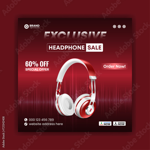 Headphone social media post advertisement and web banner design, Colorful musical instrument poster design template