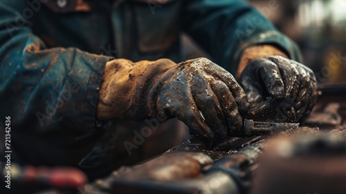 Close-Up of Skilled Worker’s Hands Repairing Machine Part in Workshop