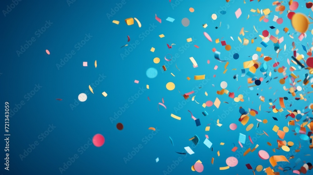 Festive celebration with colorful confetti shower on blue background - joyful holiday atmosphere