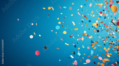 Festive celebration with colorful confetti shower on blue background - joyful holiday atmosphere