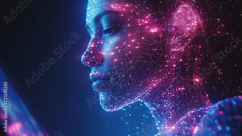 Cyber AI humanoid head communicates with user through digital tablet in a cyberpunk color palette of purple and blue.