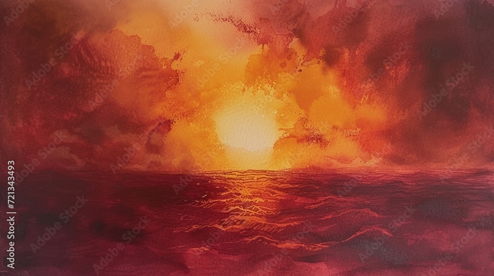 A depiction of a fiery sunset over the ocean, rendered in watercolor with a dramatic blend of burgundy and gold hues A depiction of a fiery sunset over the ocean, rendered in watercolor with a dramatic blend of burgundy and gold hues
