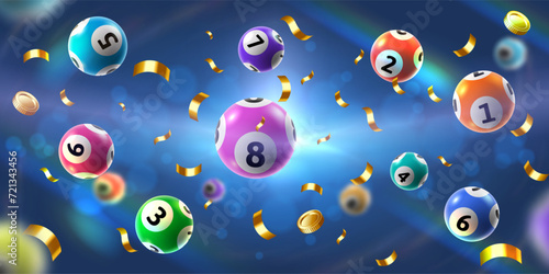 Bingo balls splash background. Floating lotto game ball, golden coins and confetti, lucky gambling winner celebration vector illustration