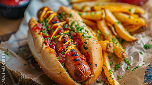 Hot Dog with French Fries close-up, angle view, ultra realistic food photography