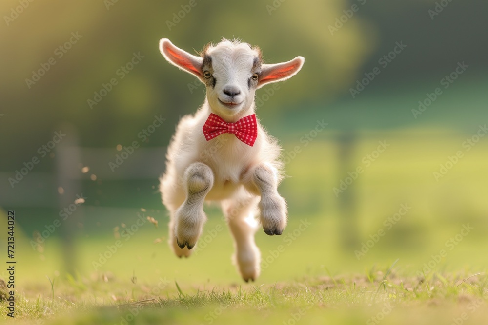 Cute Goatling Wearing a Red Bow Tie, Joyfully Jumping on the Meadow. Generative ai Cute Goatling Wearing a Red Bow Tie, Joyfully Jumping on the Meadow. Generative ai