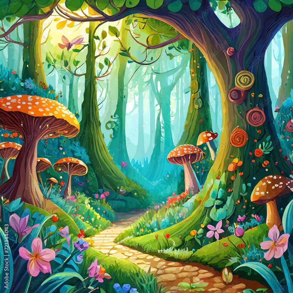 Cute Fairy Tale Forest with Magical Plants and Mushrooms