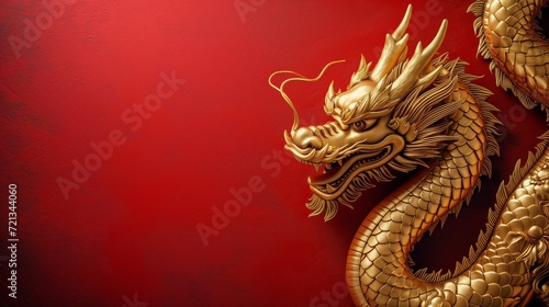 Majestic Golden Dragon on Vibrant Red Background. Generative ai