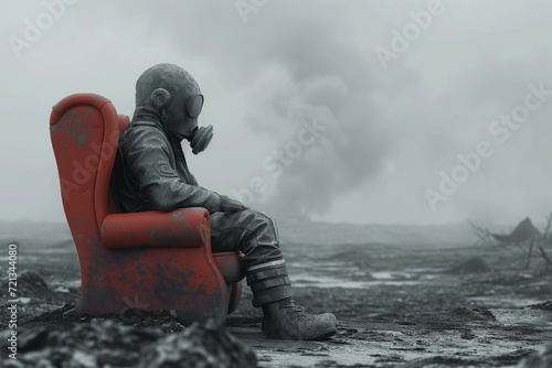 a lonely man wearing a gas mask, seated in a red chair against a desolated landscape backdrop. Generative ai