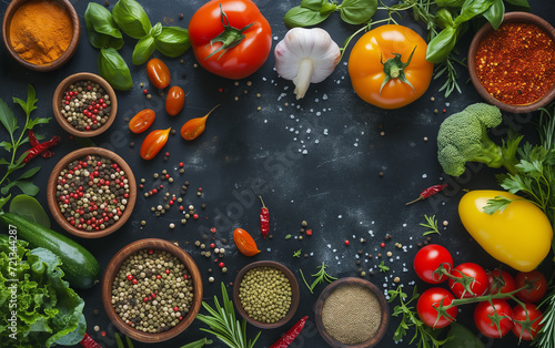 Top view of cooking ingredients on dark table with copy space