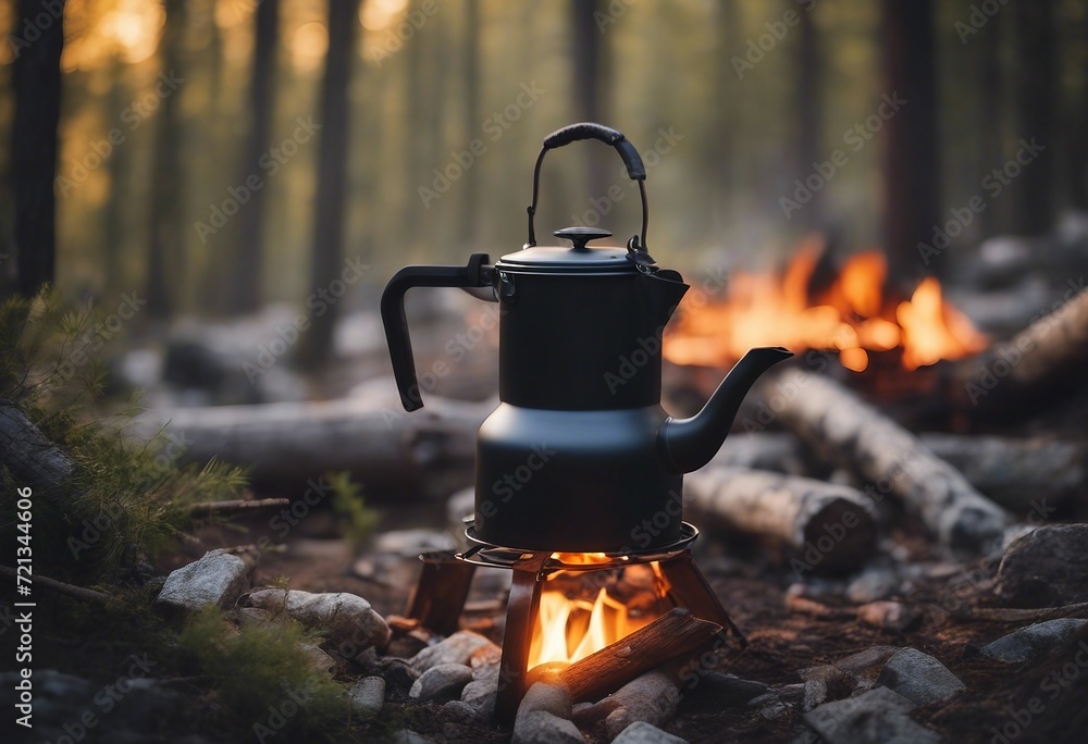 Coffee pot on campfire Small kettle is heated on a bonfire Hiking travel in the mountains Outdoor re - obrazy, fototapety, plakaty 