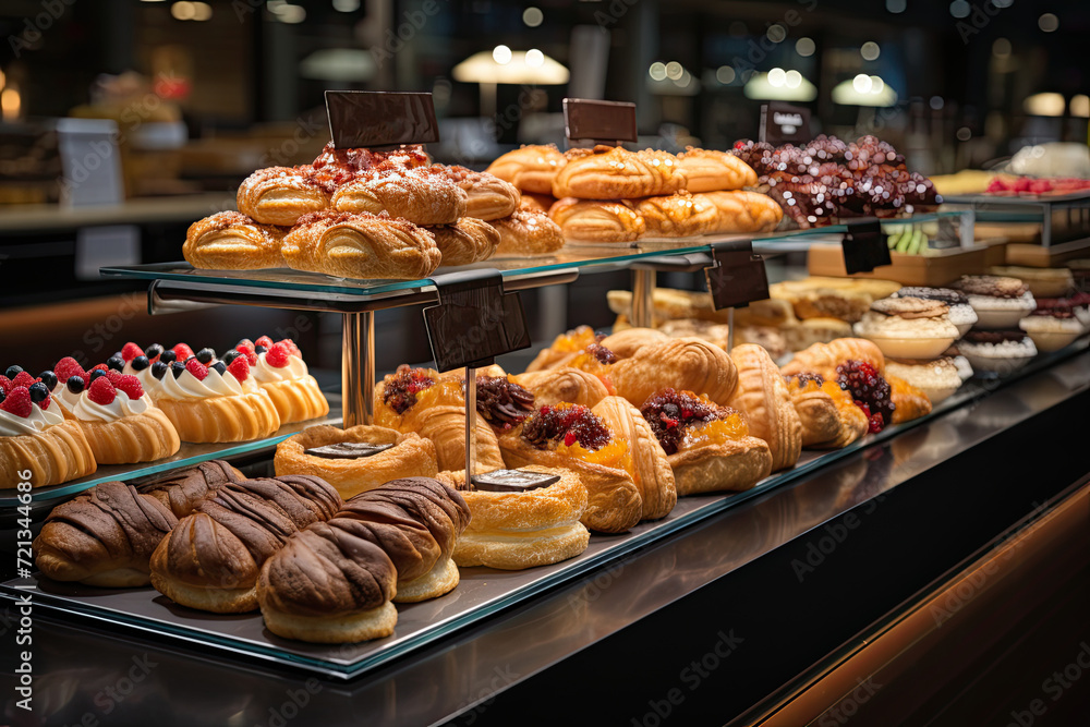 Display with fresh pastries and desserts in the supermarket, customers selecting sweets, Generative AI Display with fresh pastries and desserts in the supermarket, customers selecting sweets, Generative AI