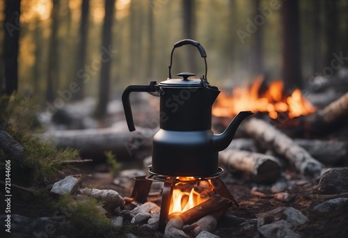 Coffee pot on campfire Small kettle is heated on a bonfire Hiking travel in the mountains Outdoor re