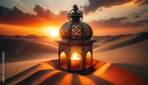 Tranquility of Ramadan at Sunset. Traditional Lanterns Shine in the Middle of Desert Sand Dunes