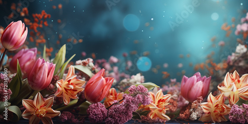 Spring banner with flowers and blue magnificent copy space. Spring season concept. Shallow depth of field.