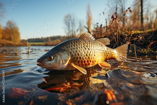 Fish jump to the surface of the river in the middle of the river. Crucian carp on the water surface. Pay attention to the details and colors, Generative AI