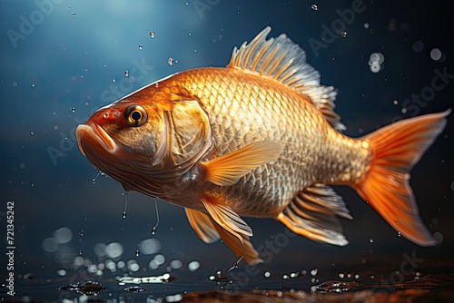 Fish jump to the surface of the river in the middle of the river. Crucian carp on the water surface. Pay attention to the details and colors, Generative AI © Анатолий Савицкий