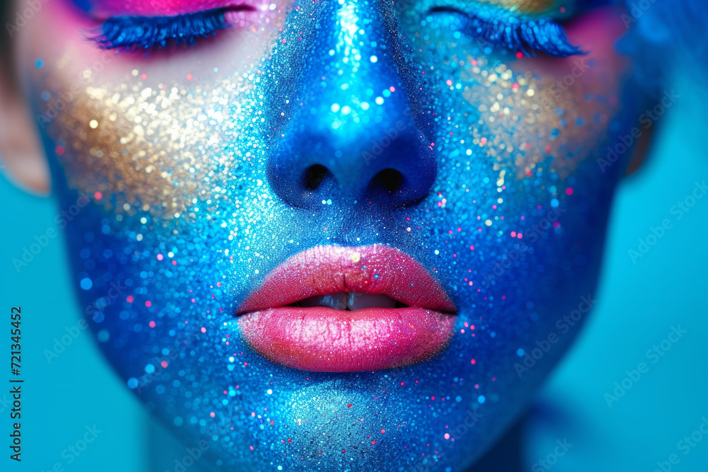 Obraz premium Fashion model girl portrait with colorful powder make up. Beauty woman with bright blue makeup and white skin. Abstract fantasy make-up, art design