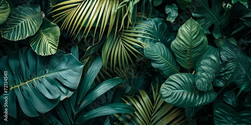 A macro view of verdant foliage and palm trees in a tropical setting.