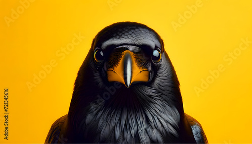 A close-up frontal view of a crow on a yellow background