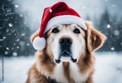 Cute large breed dog wearing Christmas Santa Claus hat in snow falling sky scene Winter Landscape Ch