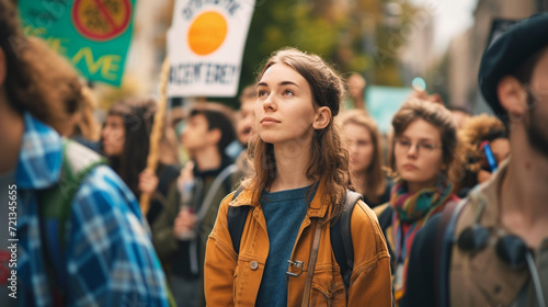 Climate Change Rally, A group of activists participating in a climate change rally or demonstration, holding signs and advocating for environmental protection.