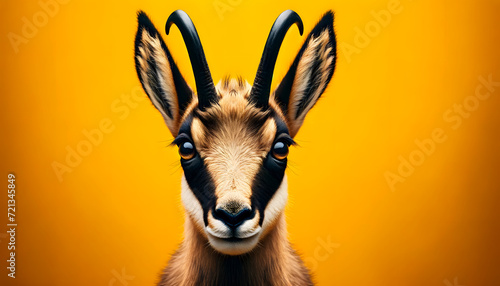 A close-up front view of a chamois on a yellow background