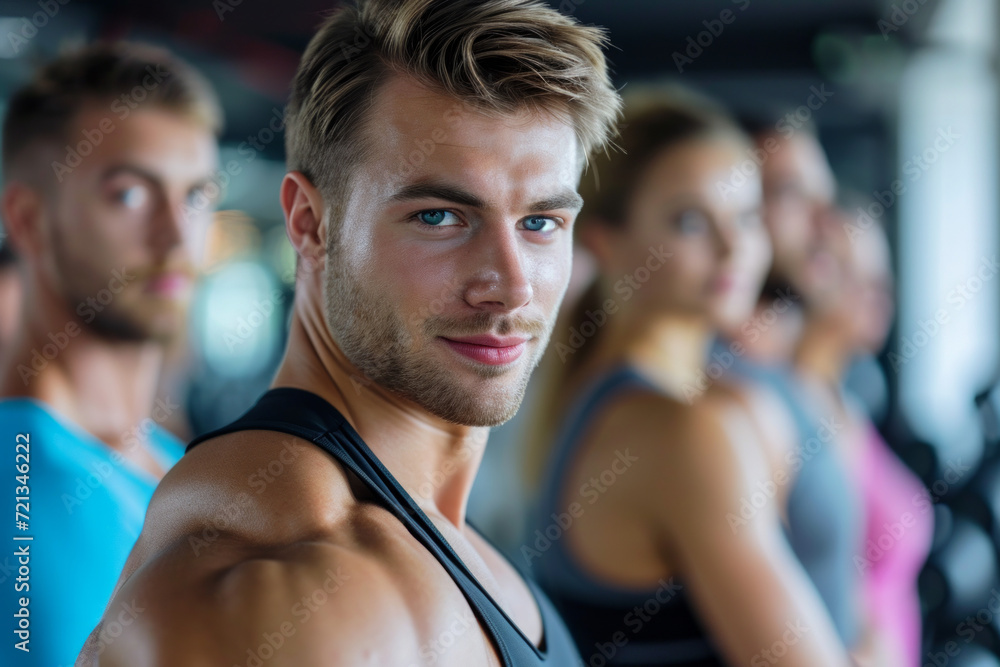 Handsome male gym personal trainer in front of colleagues