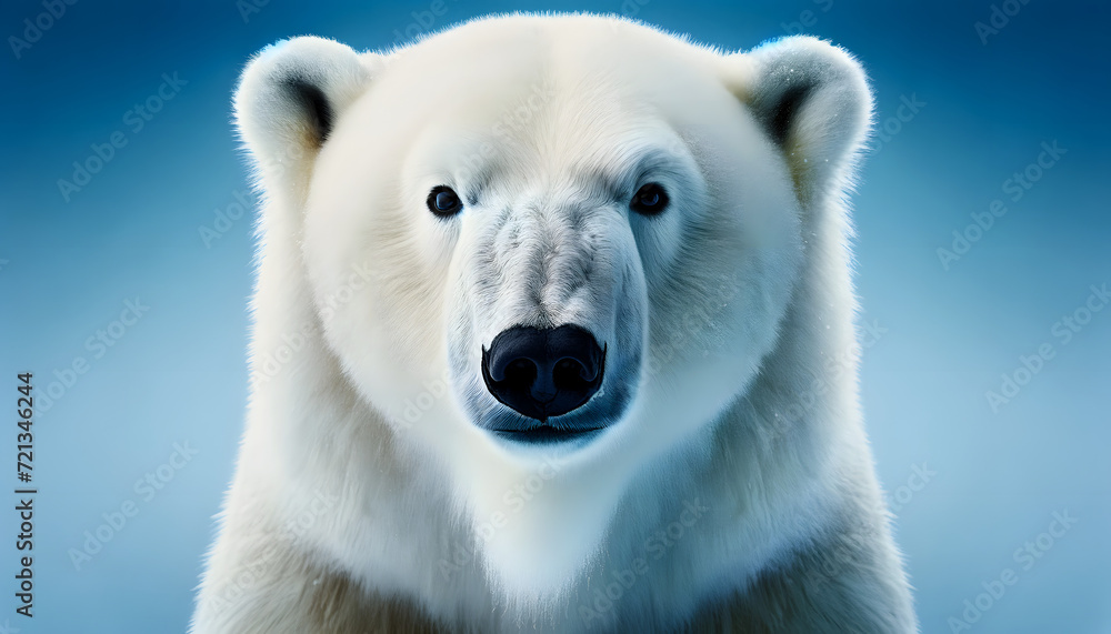 A close-up front view of a polar bear on a blue background A close-up front view of a polar bear on a blue background