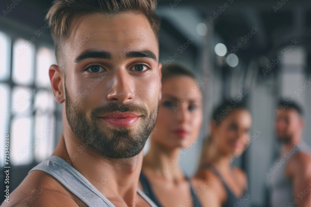 Fototapeta premium Handsome male gym personal trainer in front of colleagues