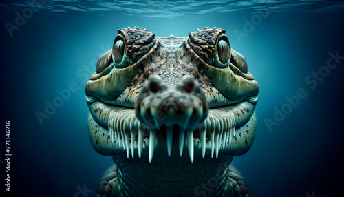 A close-up front view of a gharial on a water background photo