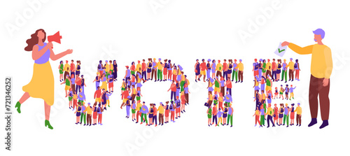 Voting banner. Vote typography formed by voters community crowd, election engagement isometric vector illustration