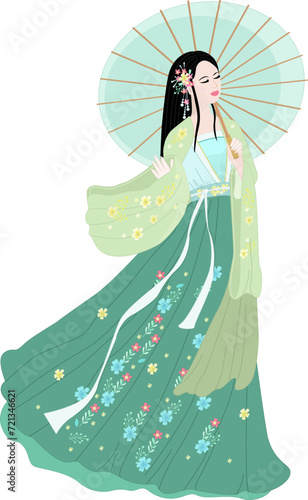graceful young chinese woman with closed eyes in a traditional d