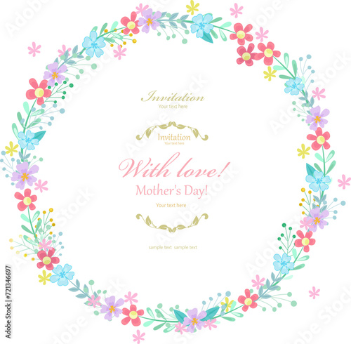 invitation card with wreath of tiny plants and flowers