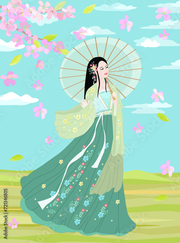 spring blooming landscape with graceful young chinese woman with