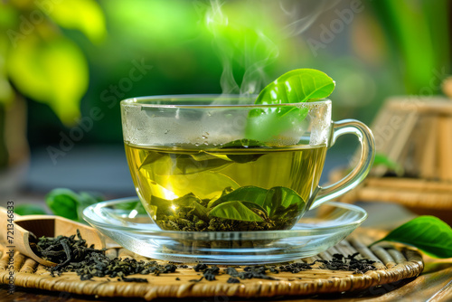 Hot green tea in a glass cup with a tea leafs on wooden shovel